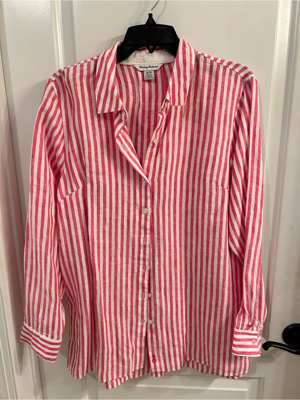 Tommy Bahama Pink and White Vertical Stripe Shirt